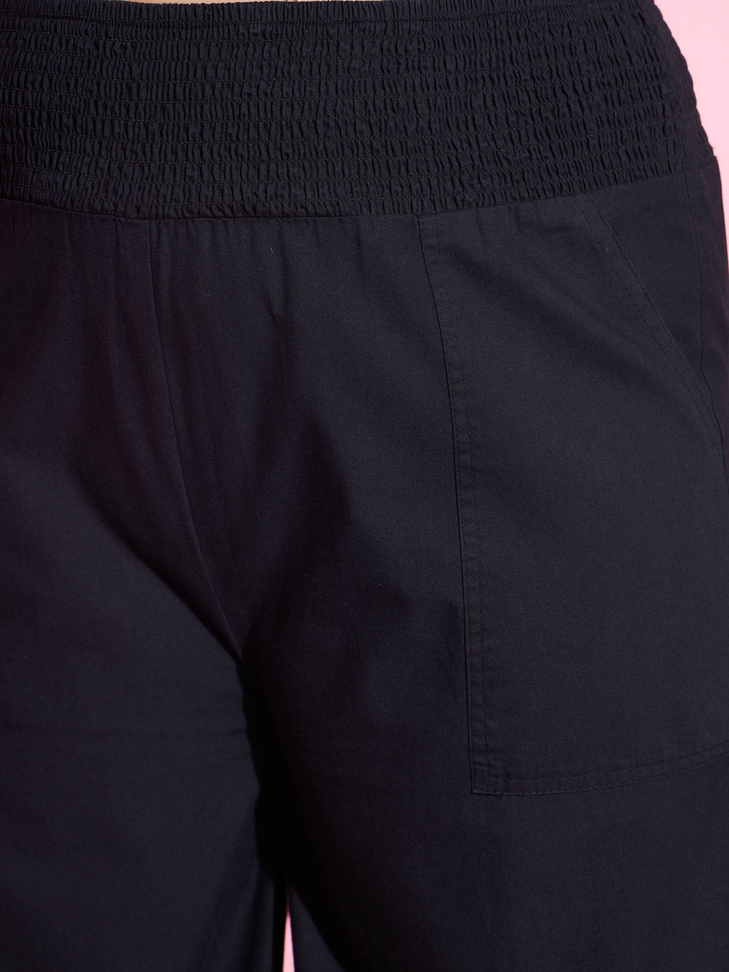 Women's Black Tencel Smocked Waist Straight Pants