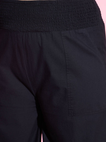 Women's Black Tencel Smocked Waist Straight Pants