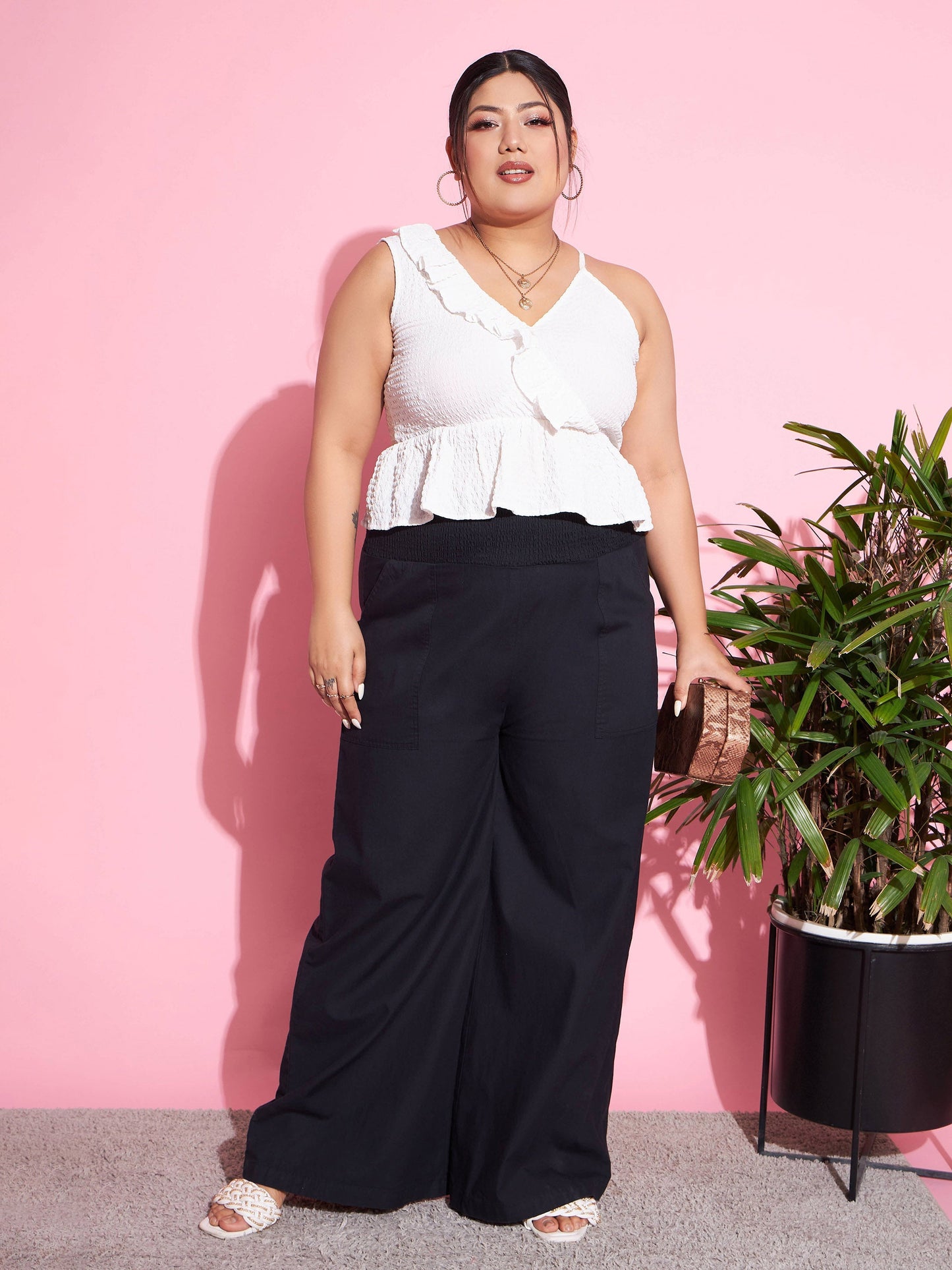 Women's Black Tencel Smocked Waist Straight Pants