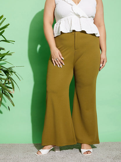 Women's Olive Front Button Bell Bottom Pants