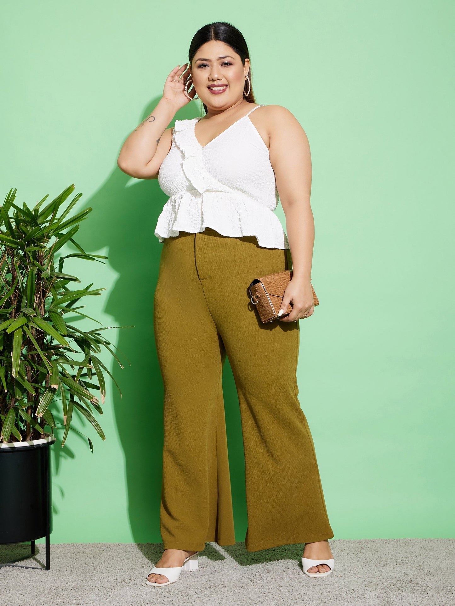 Women's Olive Front Button Bell Bottom Pants