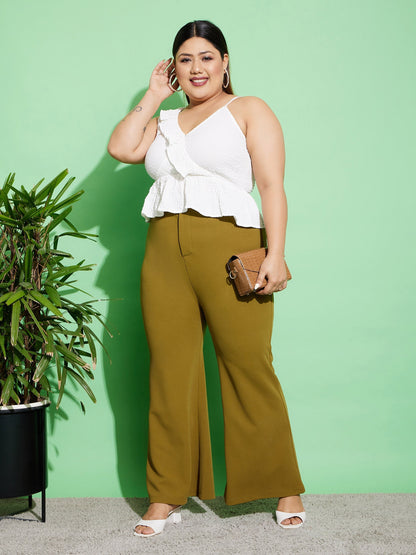 Women's Olive Front Button Bell Bottom Pants