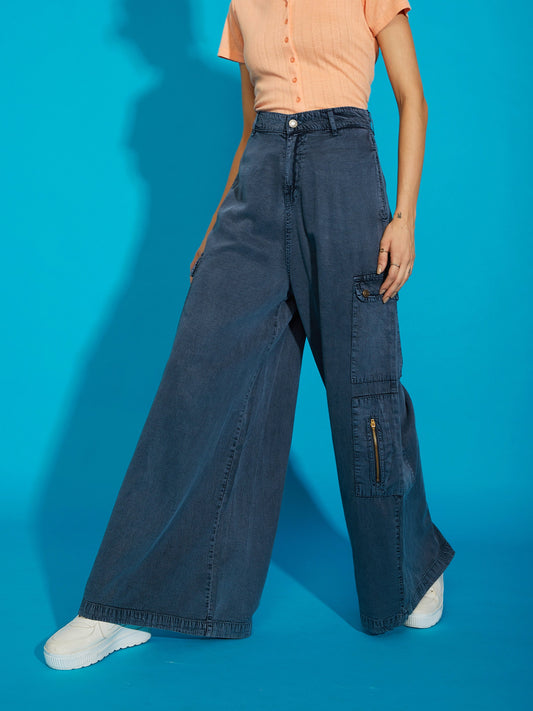 Women's Grey Acid Wash Tencel Wide Leg Pants