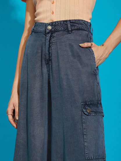 Women's Grey Acid Wash Tencel Wide Leg Pants