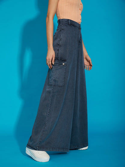 Women's Grey Acid Wash Tencel Wide Leg Pants