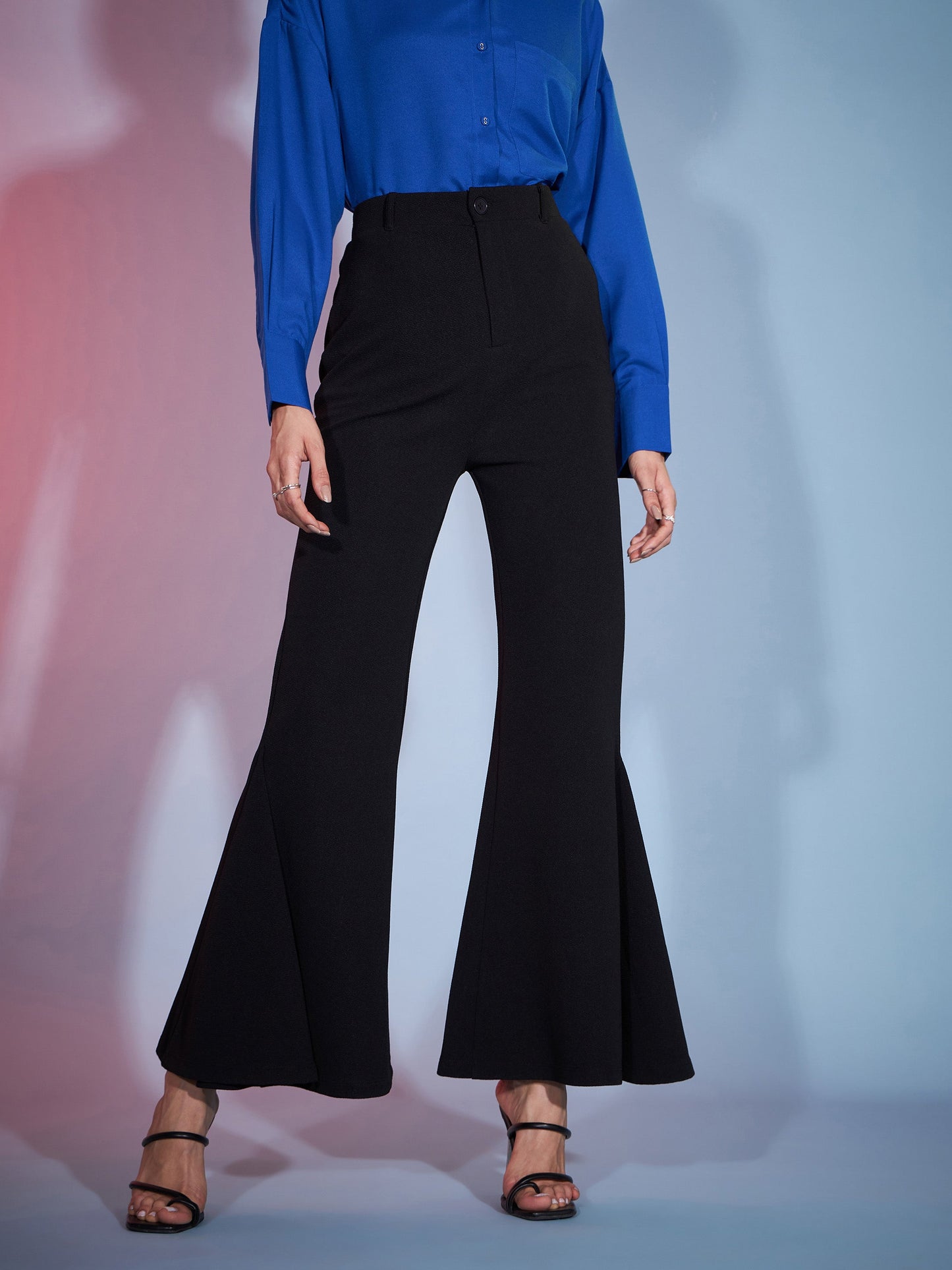 Women's Black Bell Bottom Kick Pleats Knitted Pants