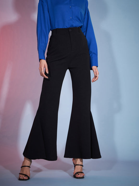 Women's Black Bell Bottom Kick Pleats Knitted Pants