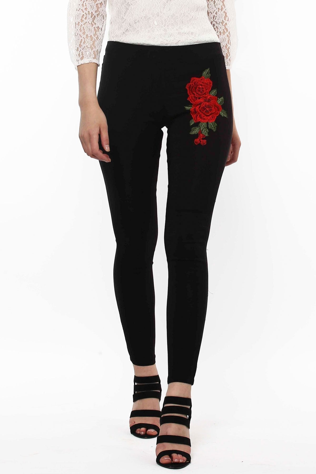 Women's Black Embroidered Flower Patch Jegging