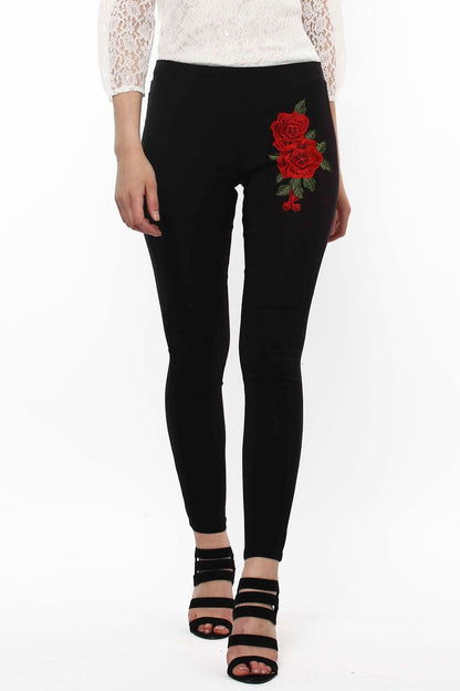 Women's Black Embroidered Flower Patch Jegging