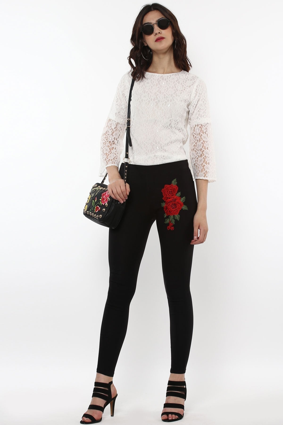 Women's Black Embroidered Flower Patch Jegging