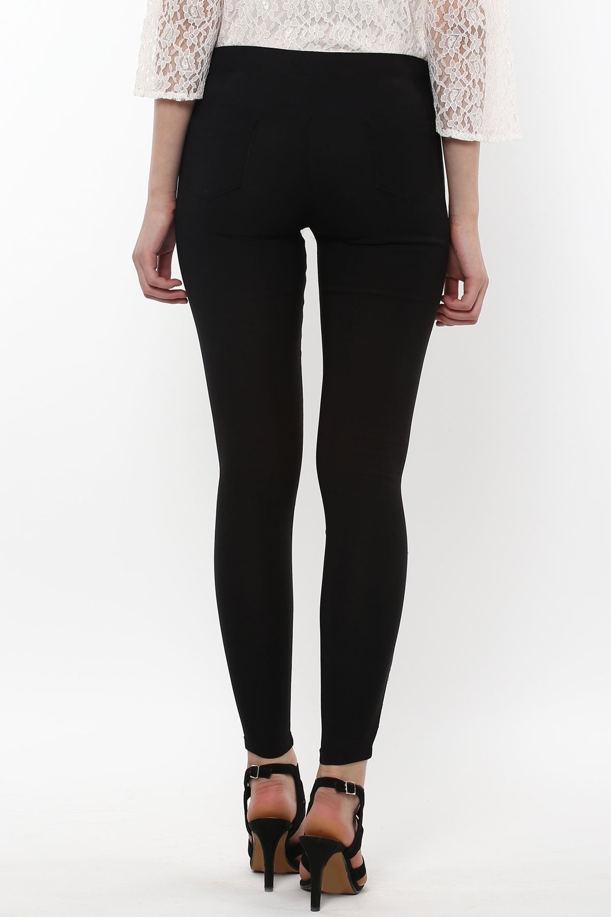 Women's Black Embroidered Flower Patch Jegging