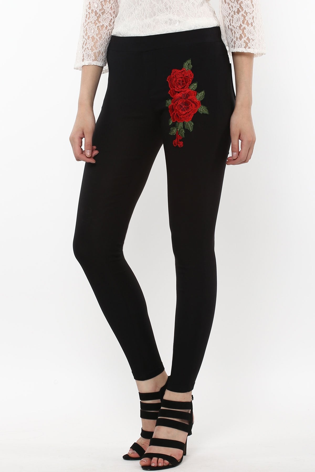 Women's Black Embroidered Flower Patch Jegging