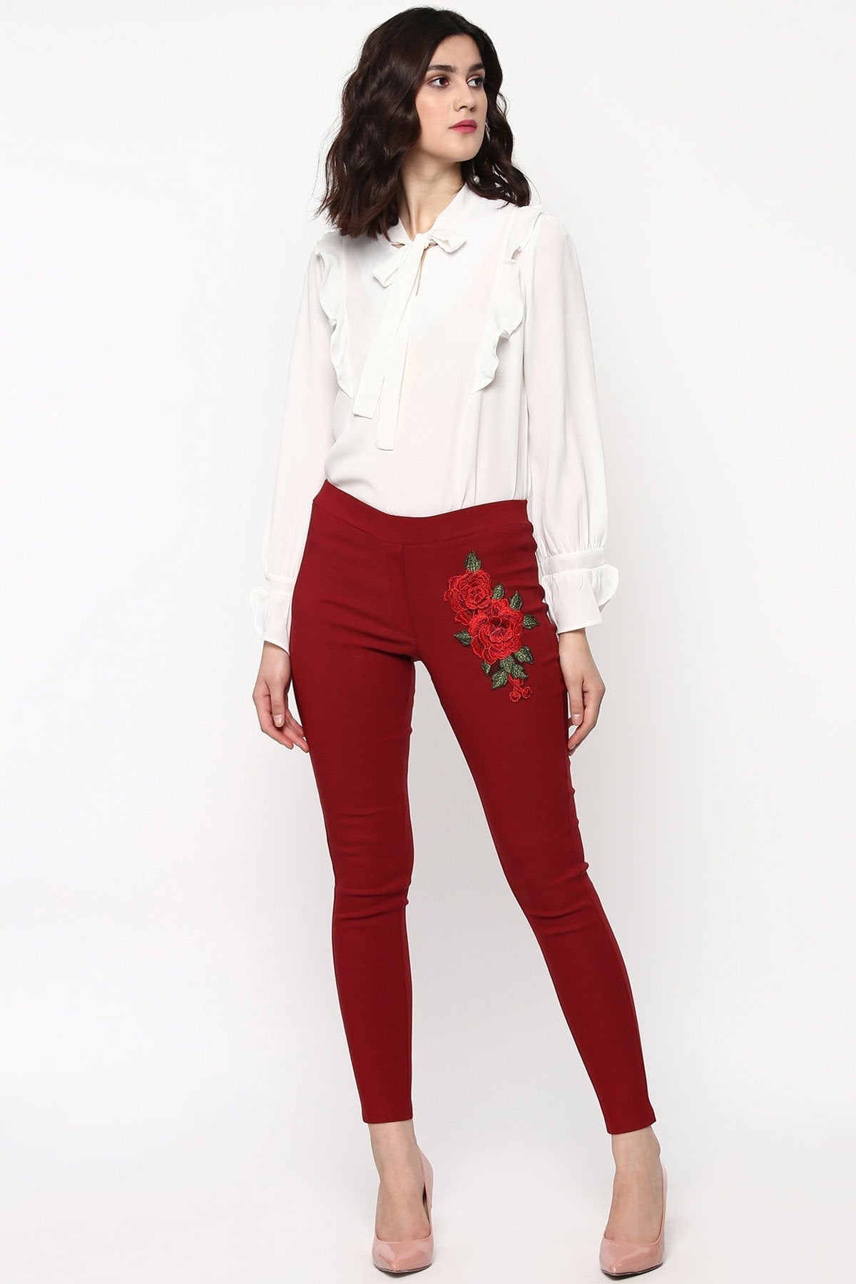 Women's Maroon Embroidered Flower Patch Jegging