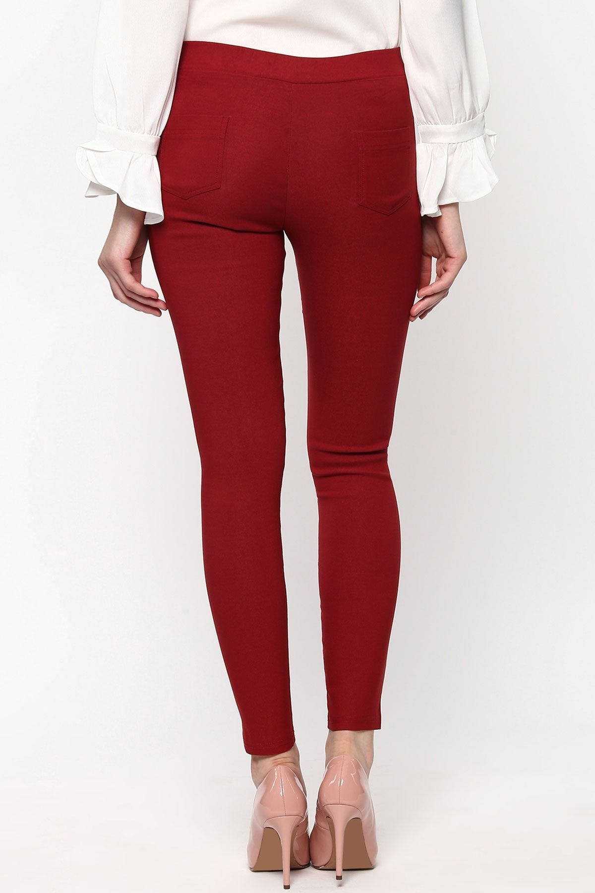 Women's Maroon Embroidered Flower Patch Jegging