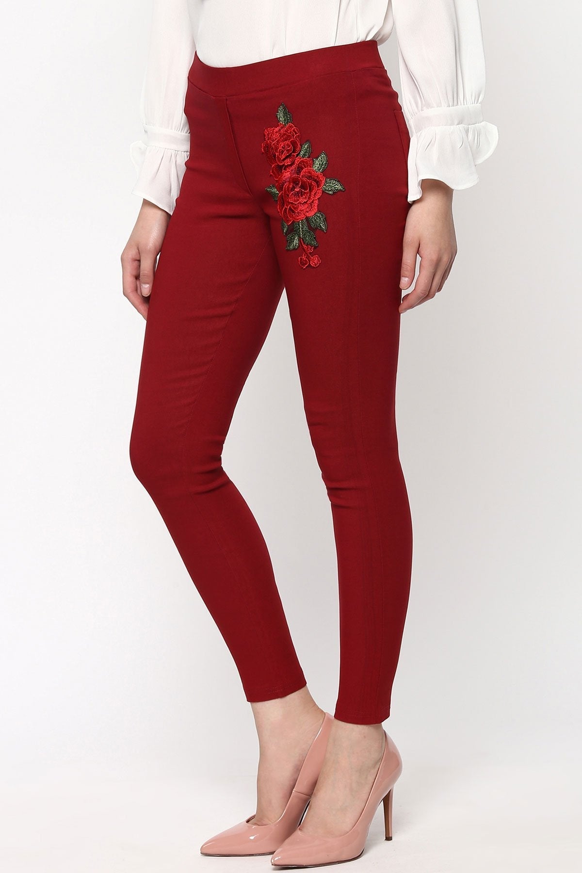 Women's Maroon Embroidered Flower Patch Jegging