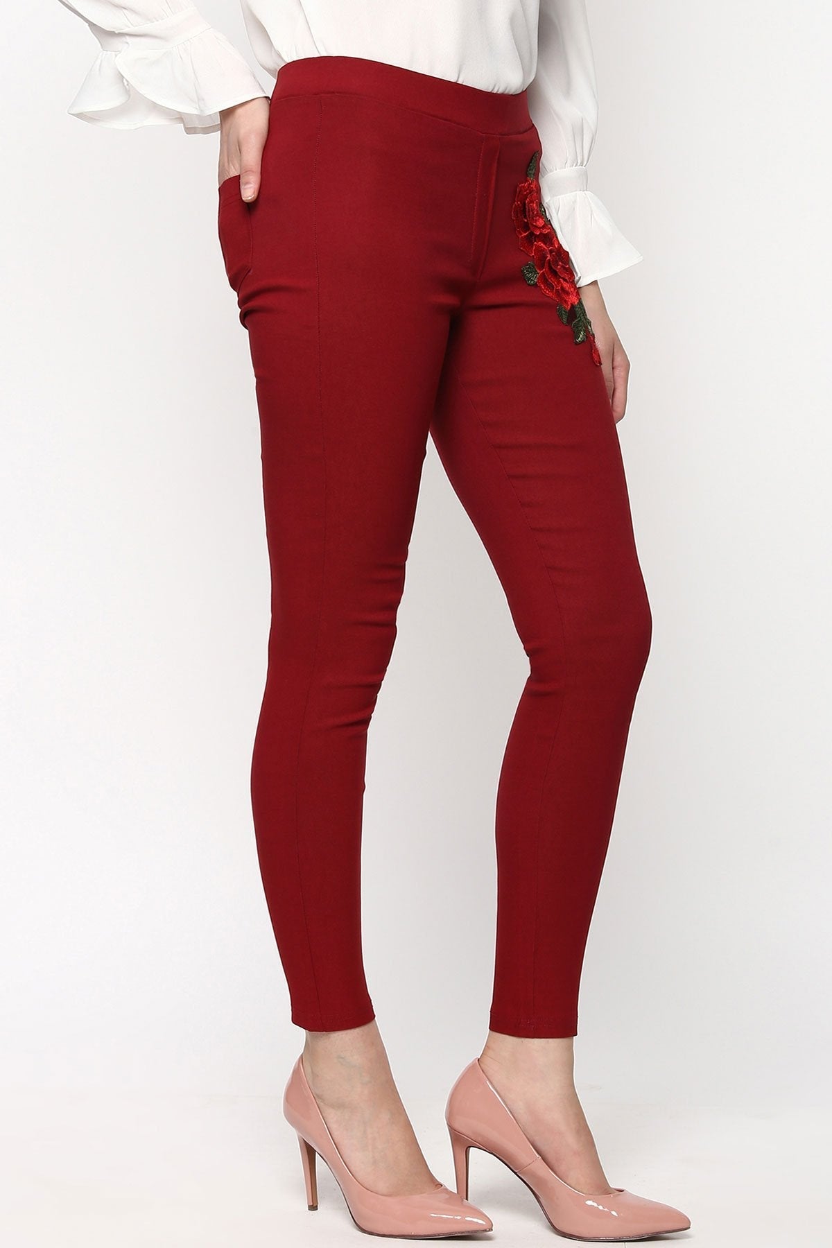 Women's Maroon Embroidered Flower Patch Jegging