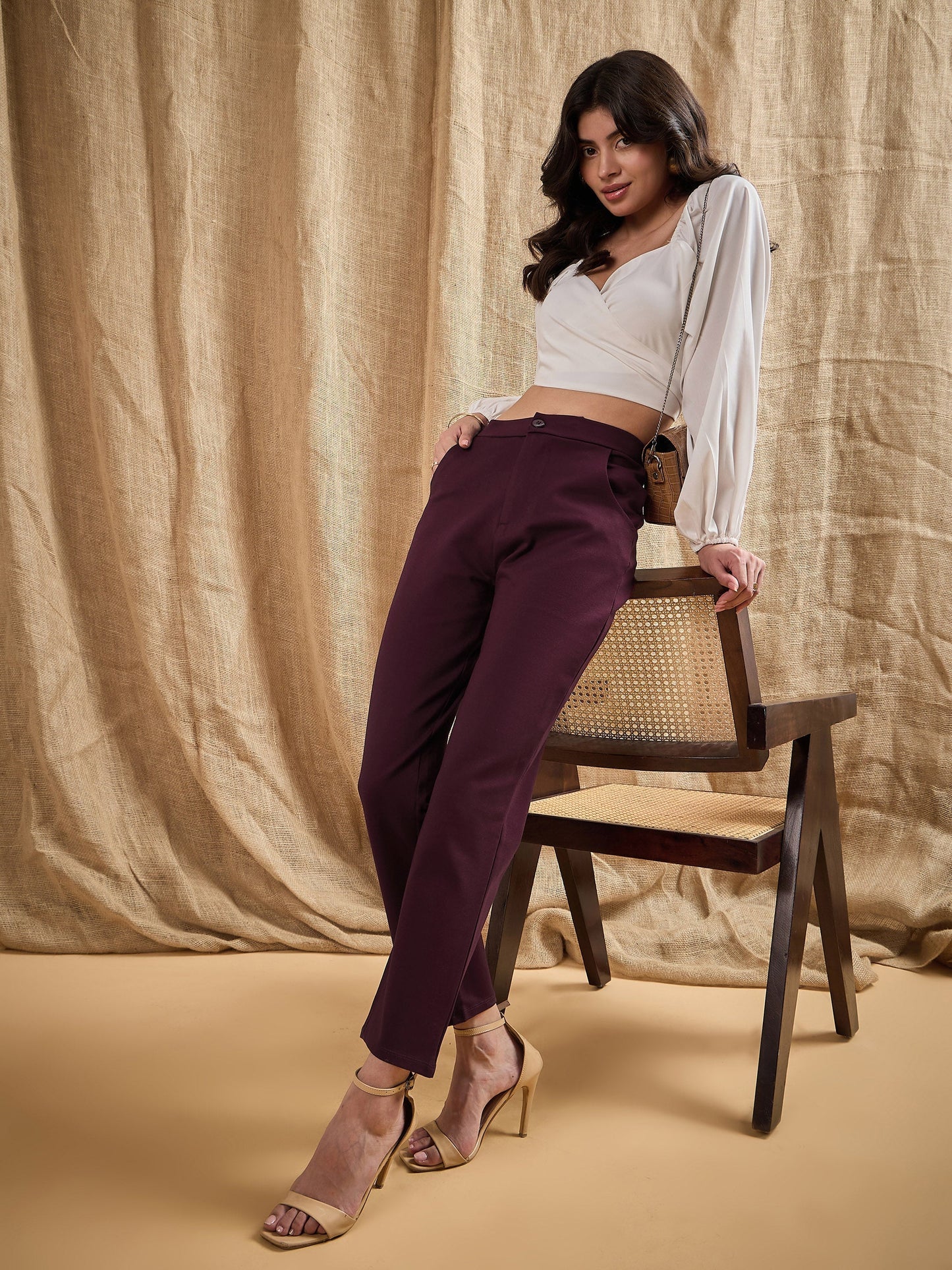 Women's Burgundy Solid Pant