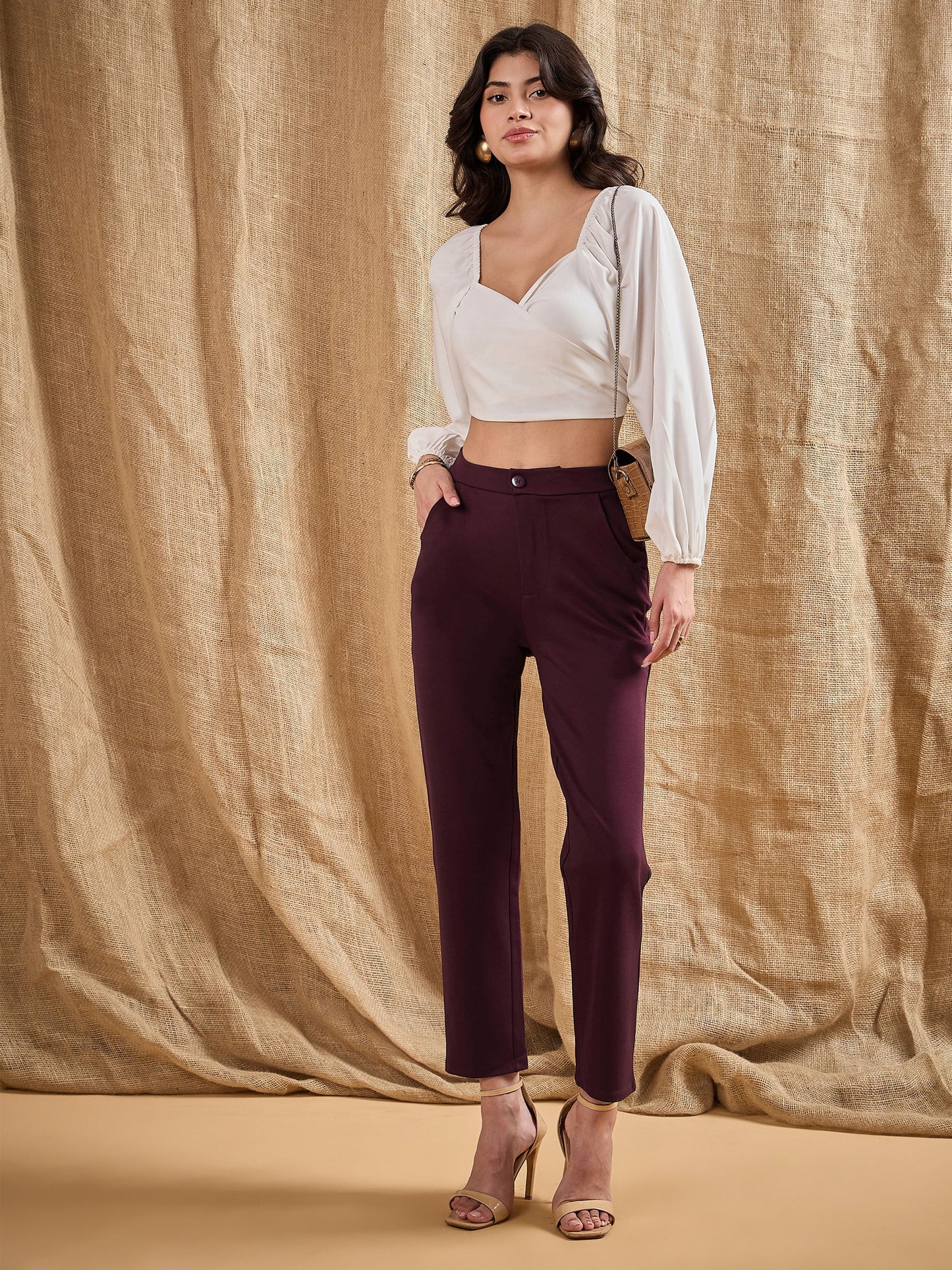 Women's Burgundy Solid Pant
