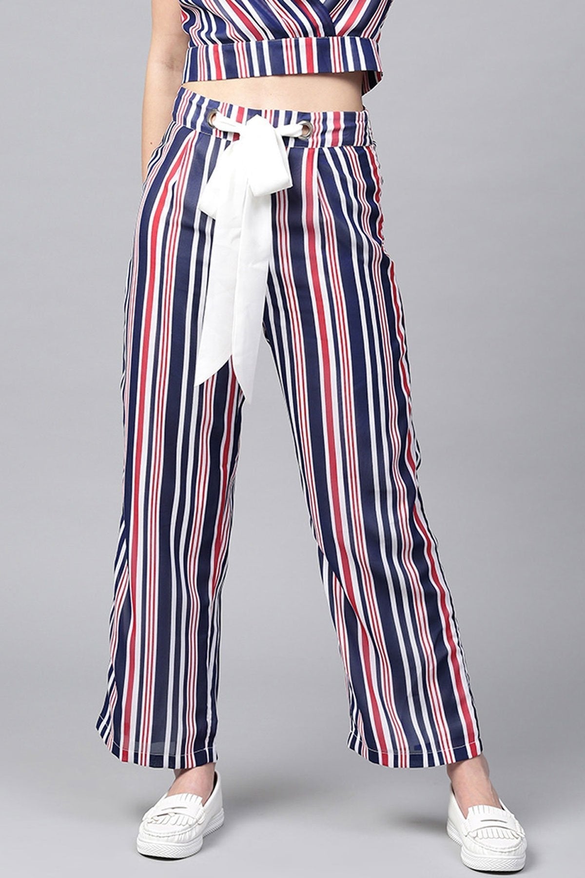 Women's Navy & Red Stripes Eyelet Belt Palazzo