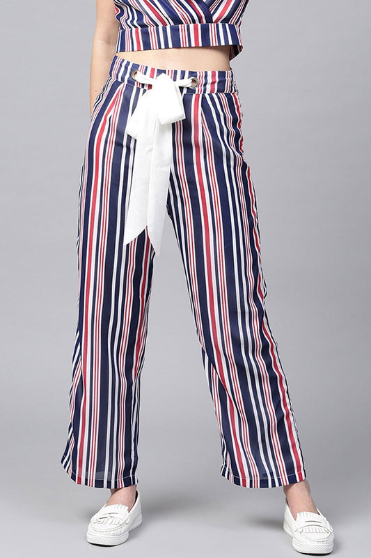 Women's Navy & Red Stripes Eyelet Belt Palazzo