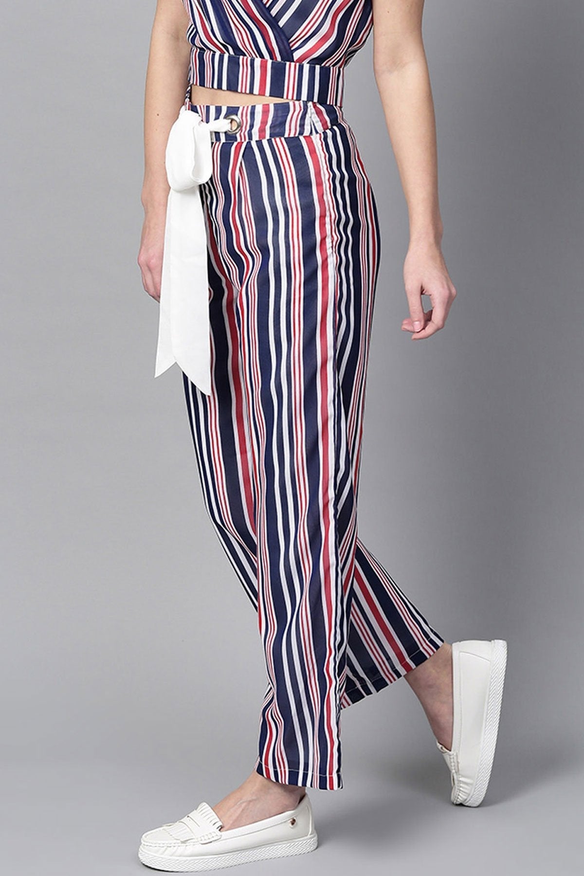 Women's Navy & Red Stripes Eyelet Belt Palazzo