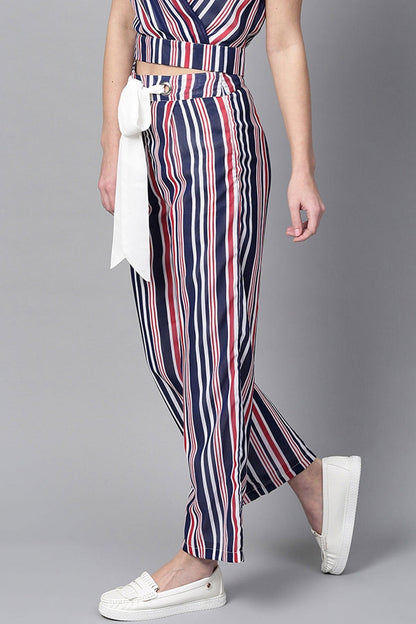 Women's Navy & Red Stripes Eyelet Belt Palazzo