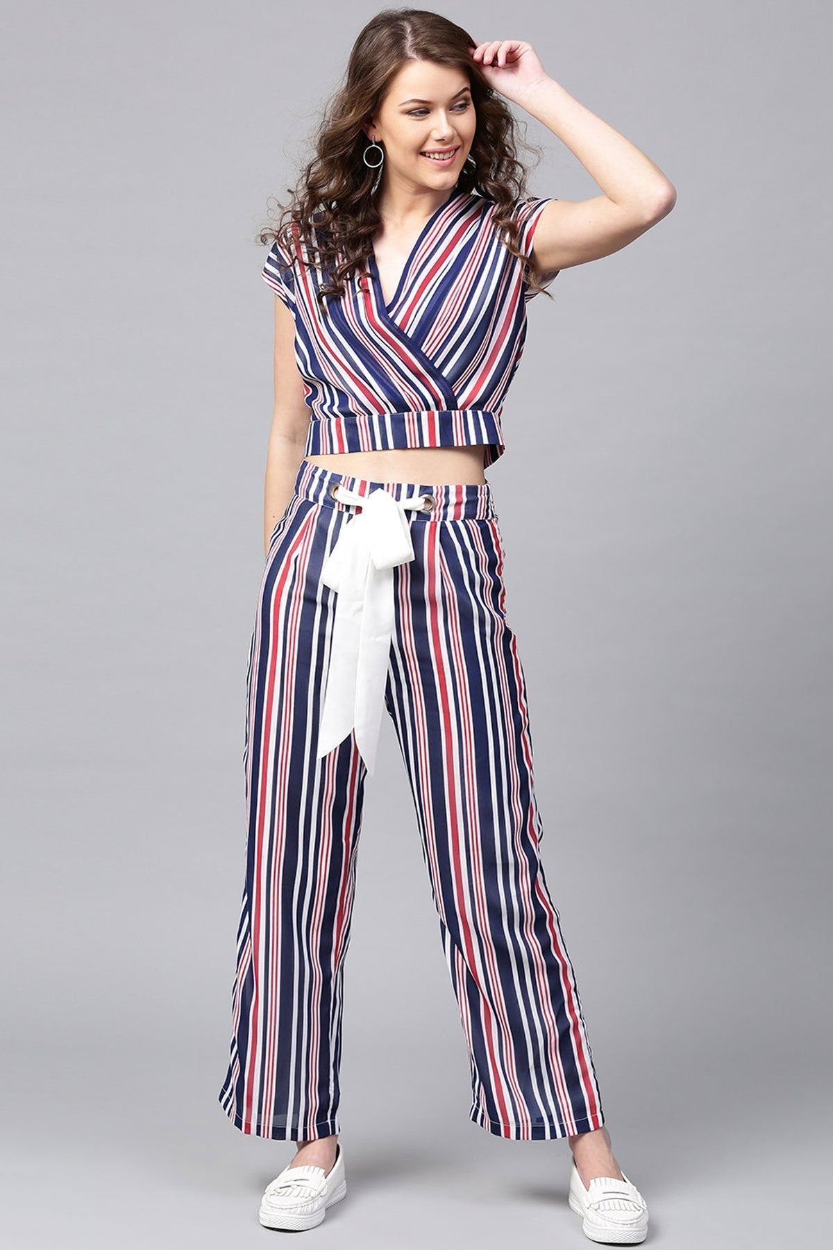 Women's Navy & Red Stripes Eyelet Belt Palazzo