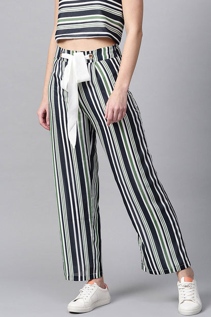Women's Navy & Dark Green Stripes Eyelet Belt Palazzo