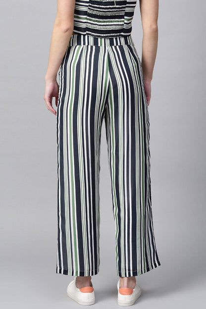 Women's Navy & Dark Green Stripes Eyelet Belt Palazzo