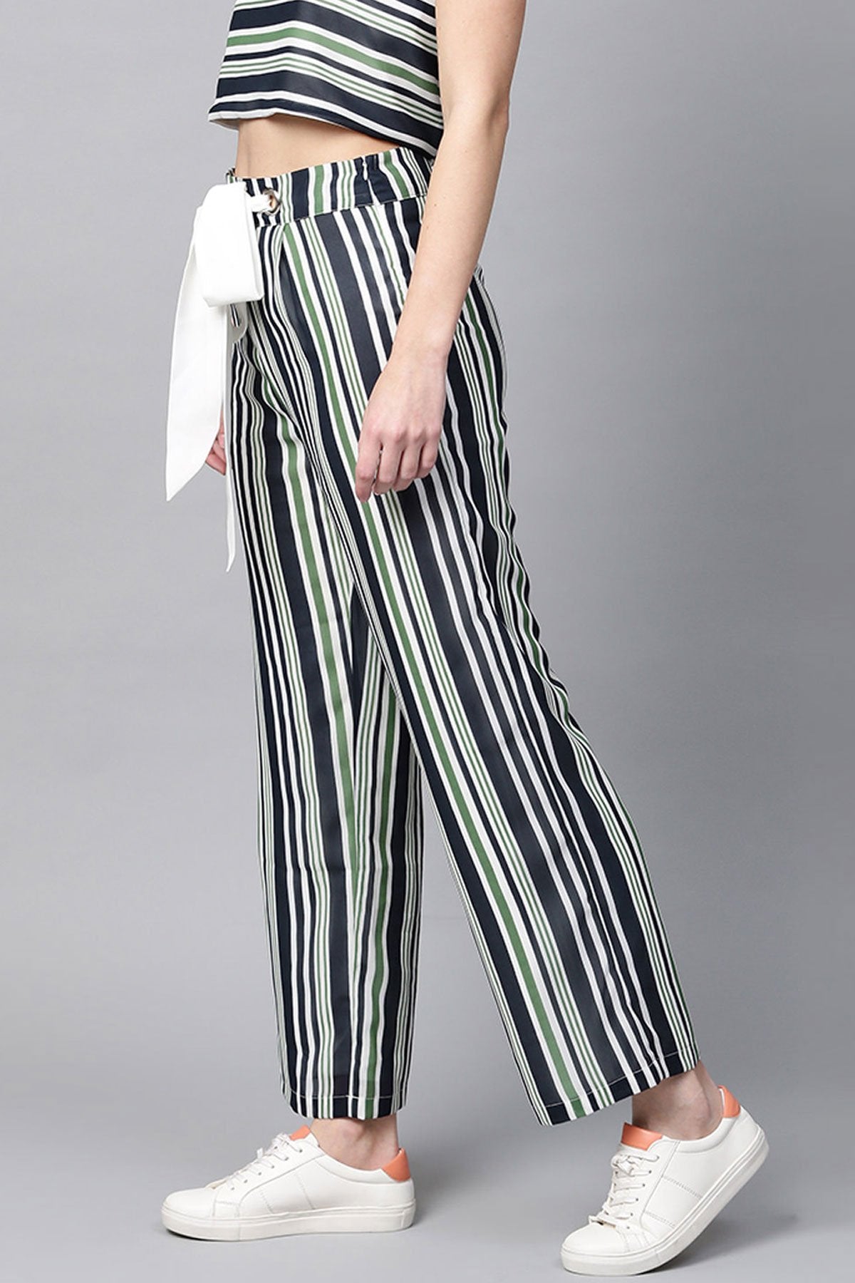 Women's Navy & Dark Green Stripes Eyelet Belt Palazzo