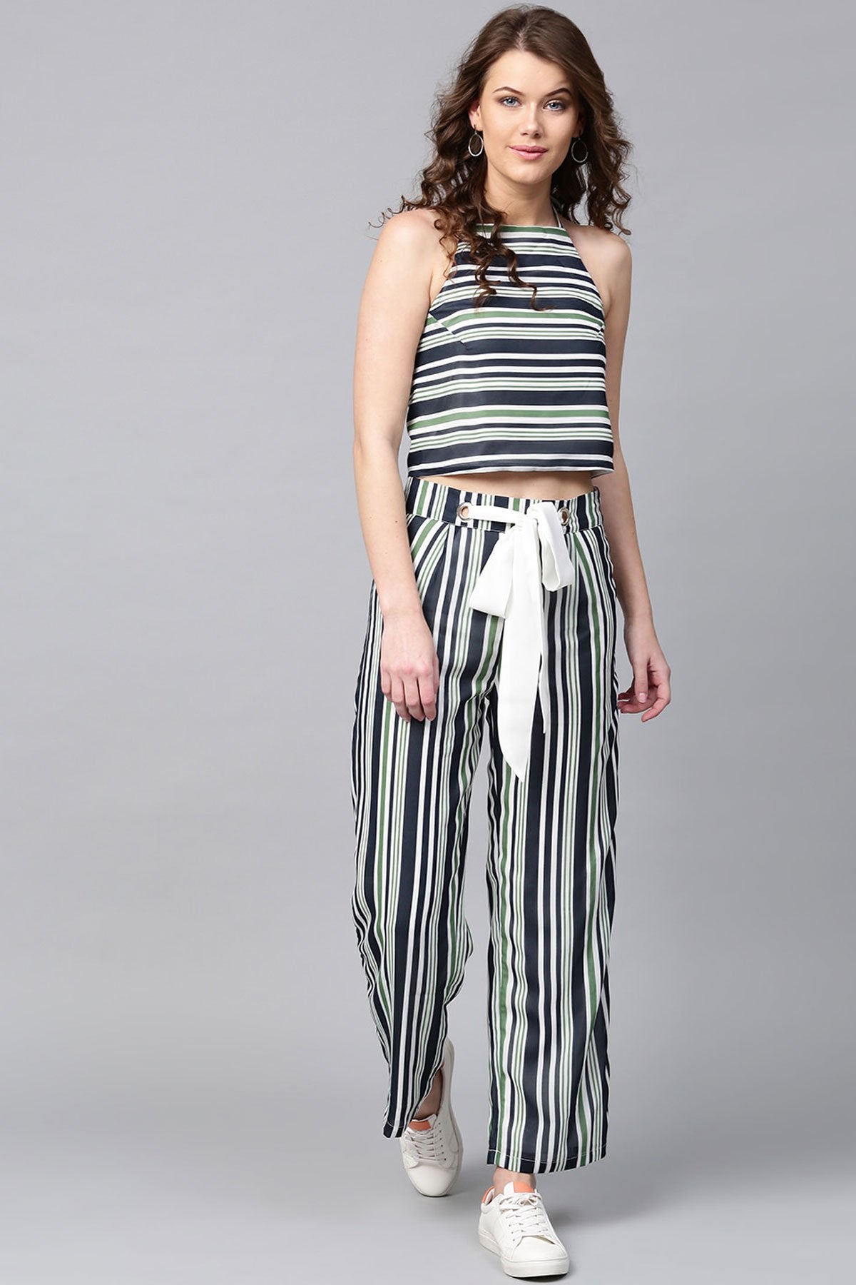 Women's Navy & Dark Green Stripes Eyelet Belt Palazzo