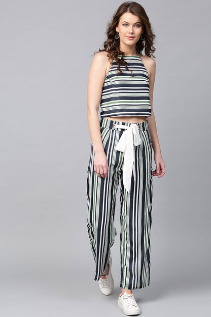 Women's Navy & Dark Green Stripes Eyelet Belt Palazzo