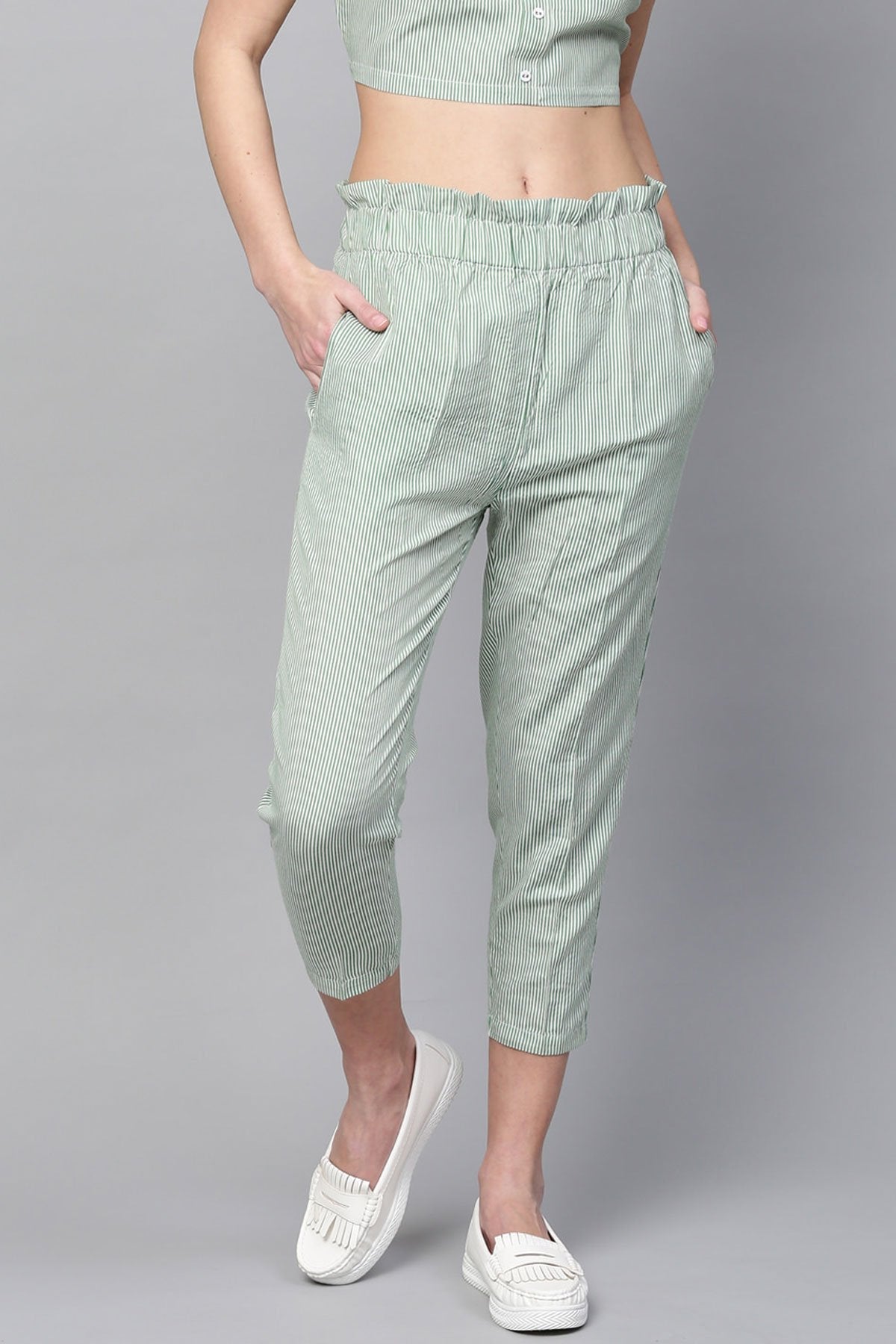 Women's Green Stripes Tapered Pants
