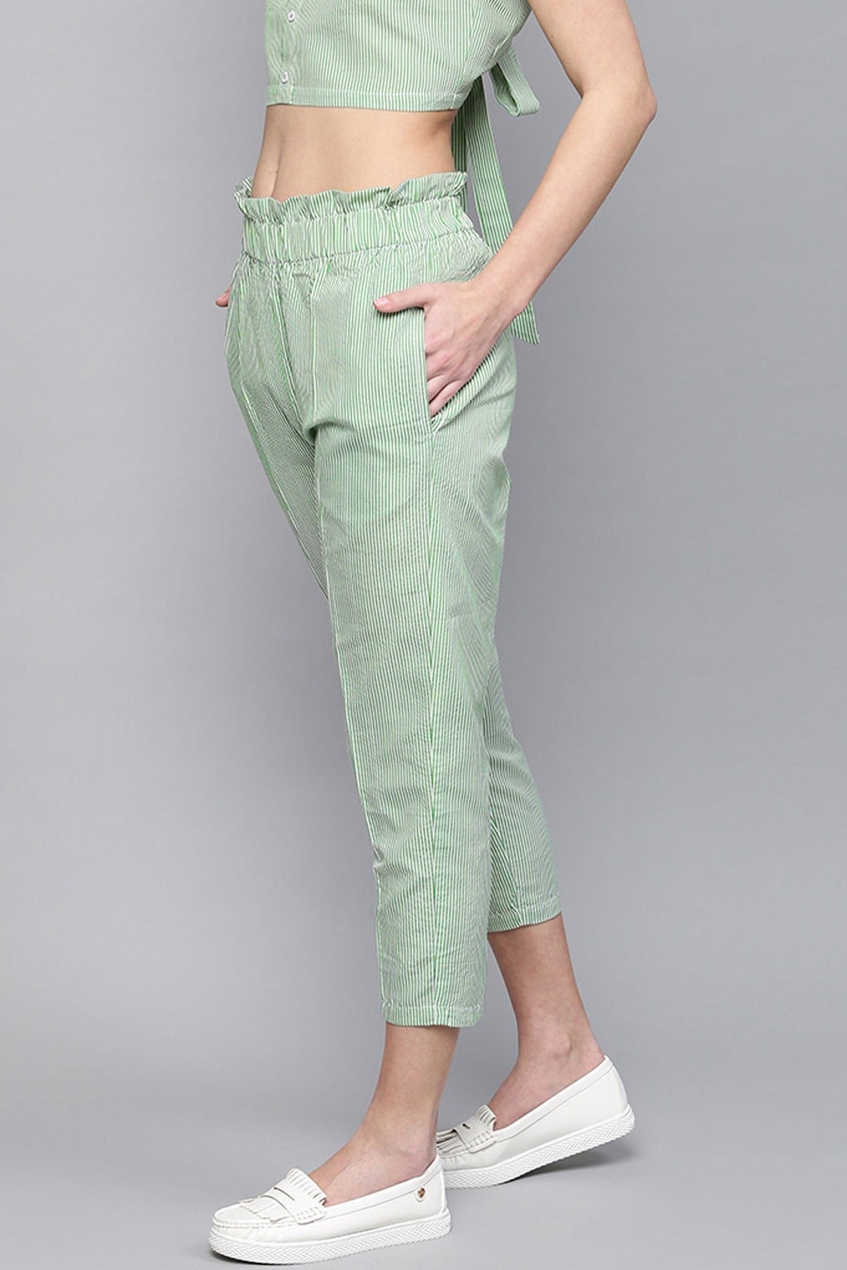 Women's Green Stripes Tapered Pants