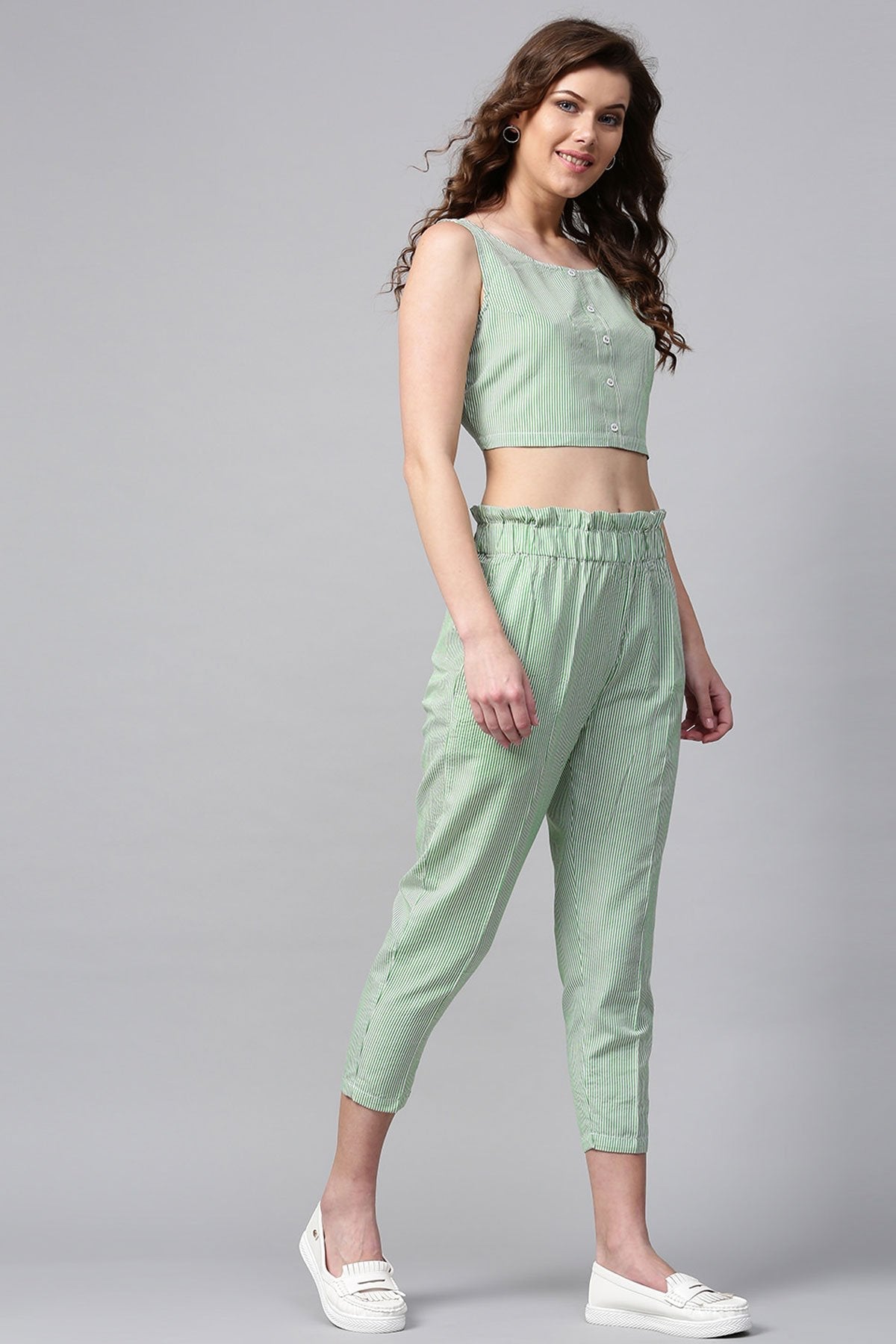 Women's Green Stripes Tapered Pants