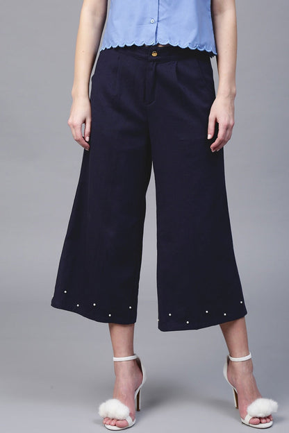 Women's Navy Wide Leg Pearl Culottes