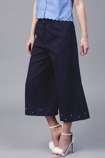 Women's Navy Wide Leg Pearl Culottes