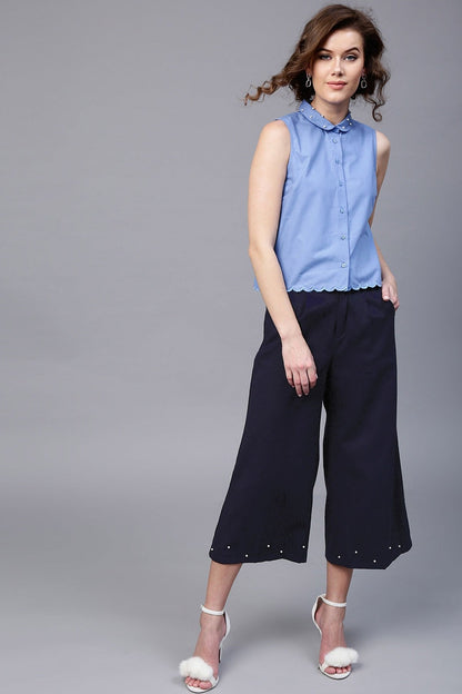 Women's Navy Wide Leg Pearl Culottes