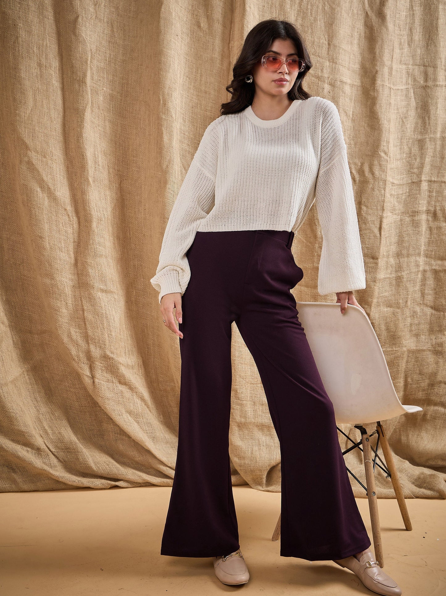 Women's Burgundy Solid Pant