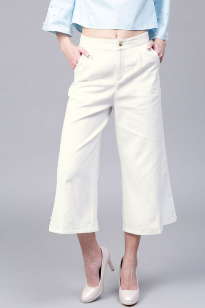 Women's Ivory Wide Leg Pearl Culottes
