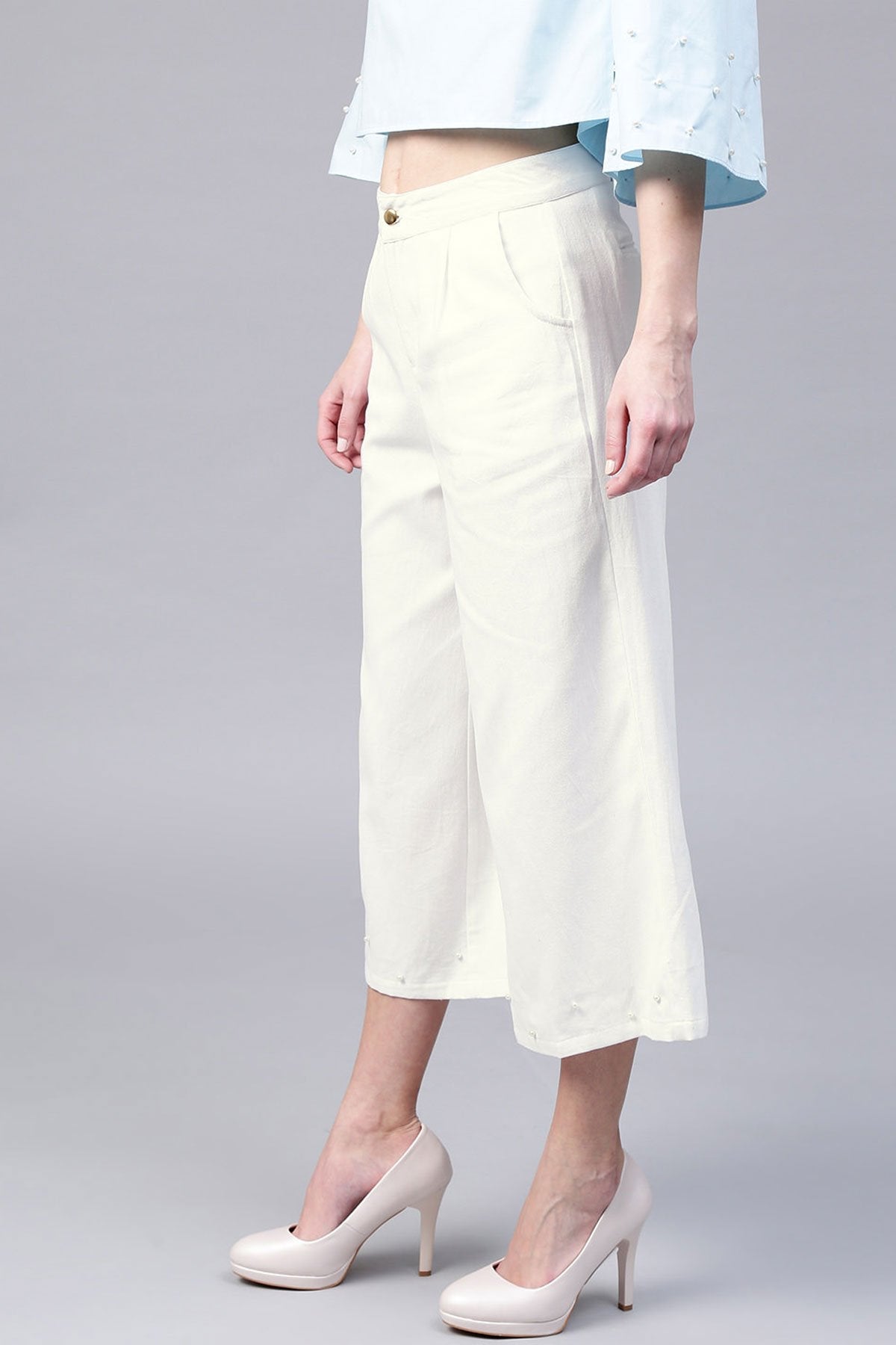 Women's Ivory Wide Leg Pearl Culottes