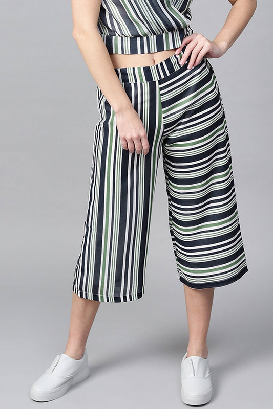 Women's Navy & Dark Green Stripes A-Line Culottes