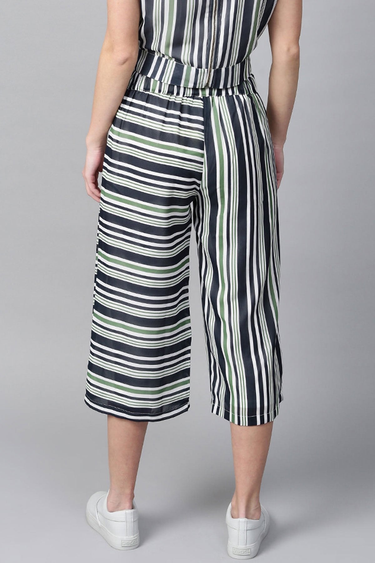 Women's Navy & Dark Green Stripes A-Line Culottes