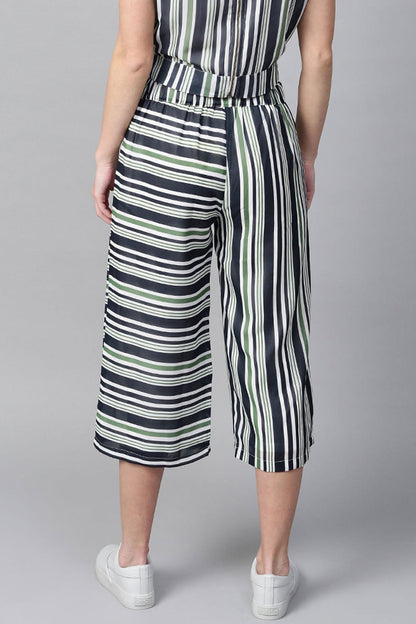 Women's Navy & Dark Green Stripes A-Line Culottes