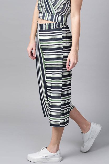 Women's Navy & Dark Green Stripes A-Line Culottes