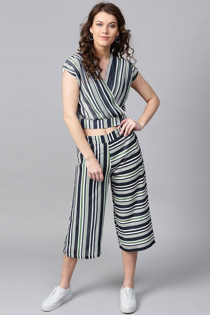 Women's Navy & Dark Green Stripes A-Line Culottes