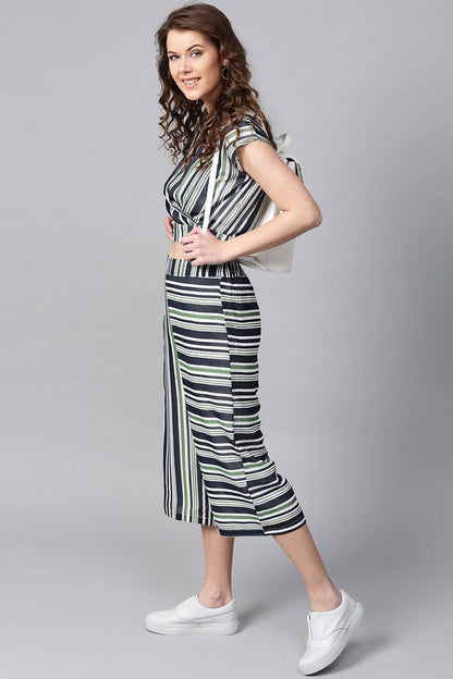 Women's Navy & Dark Green Stripes A-Line Culottes