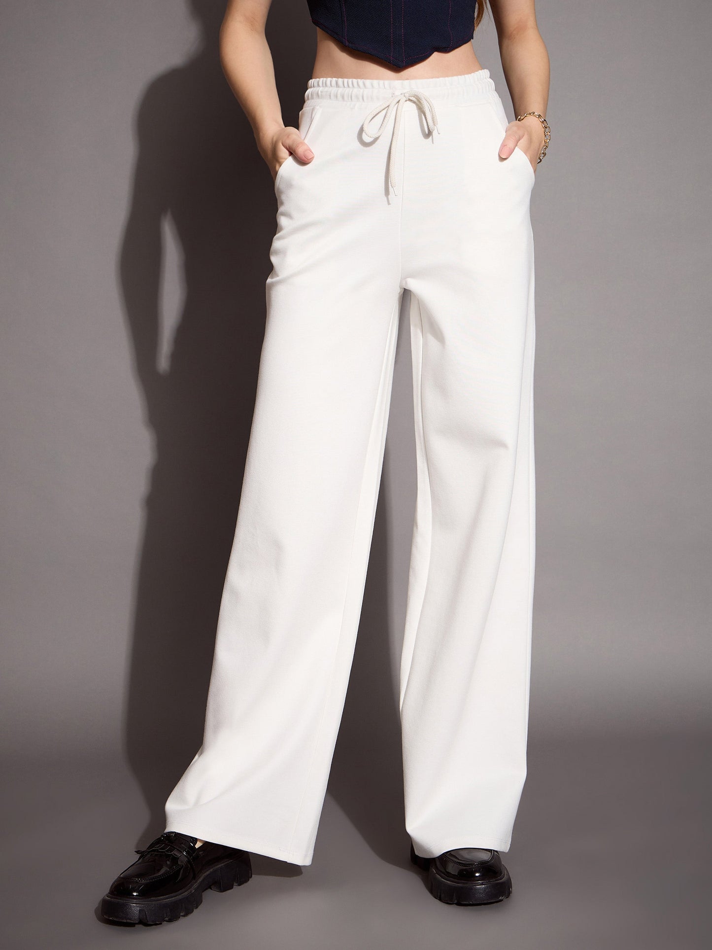 Women's White Solid Track Pant