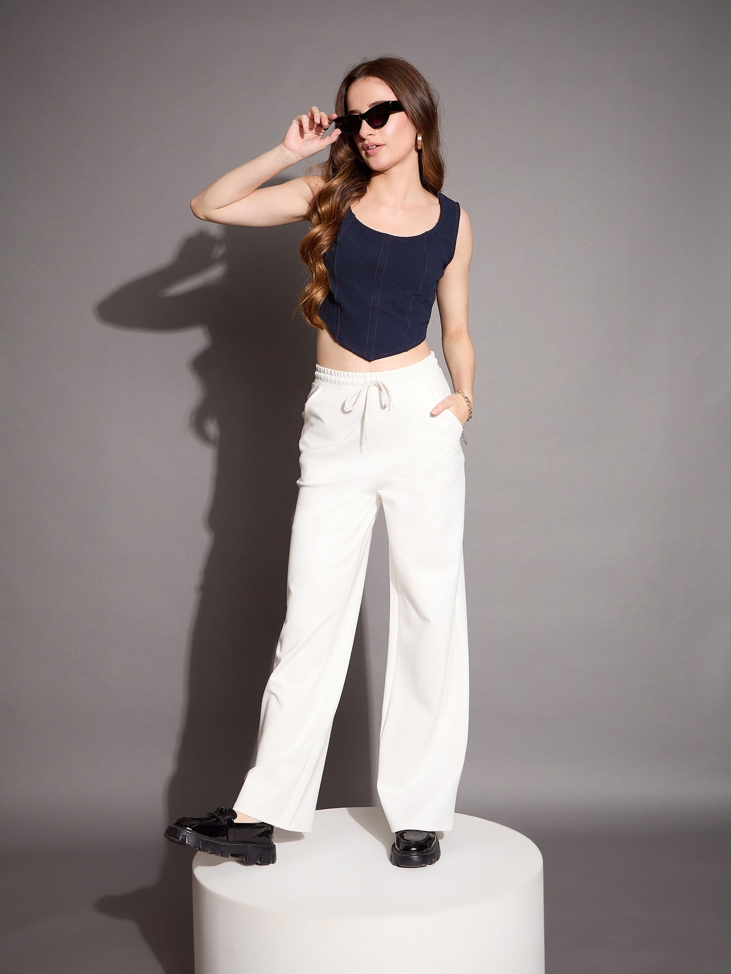 Women's White Solid Track Pant