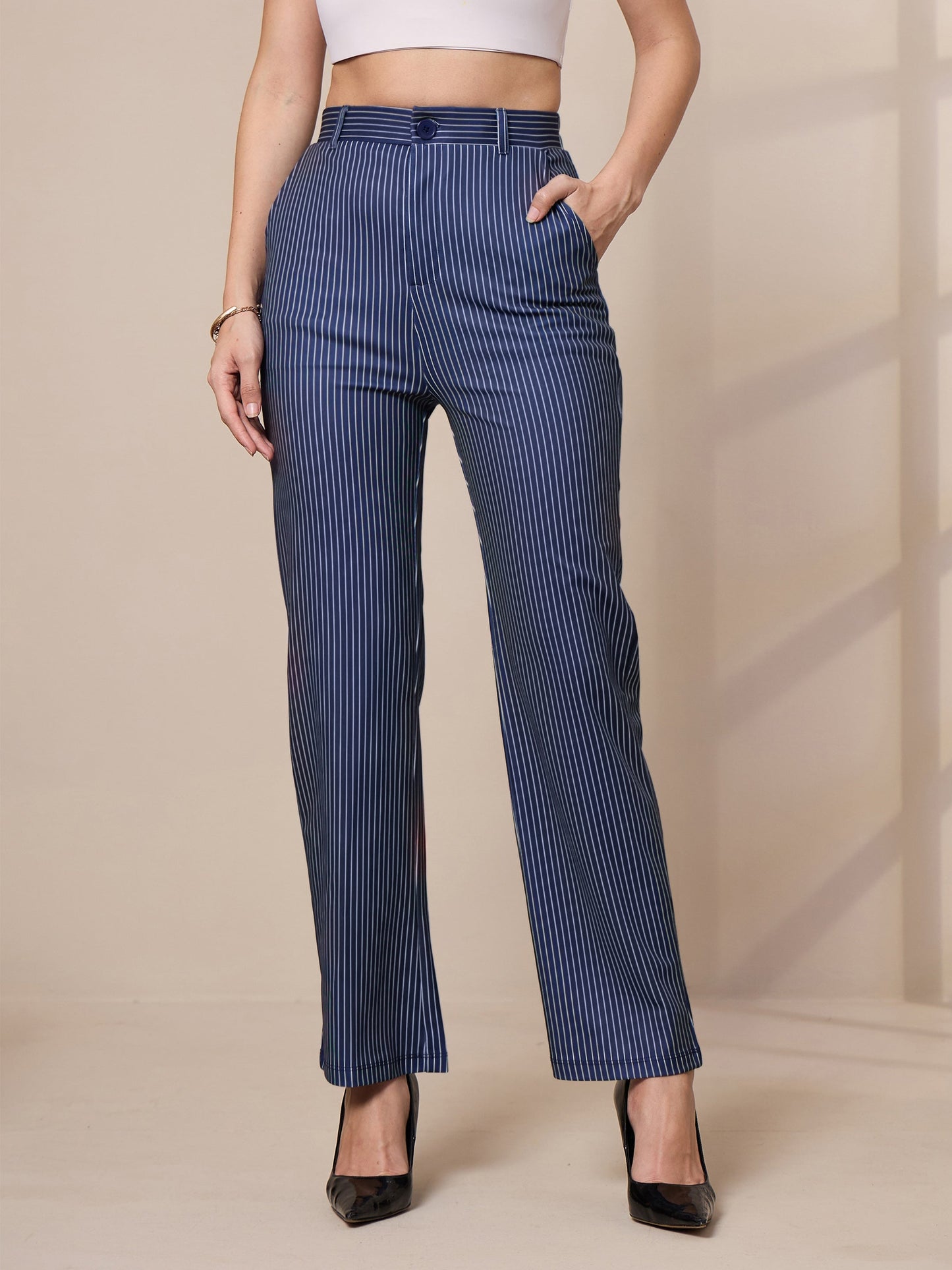 Women's Navy Blue Striped Pant